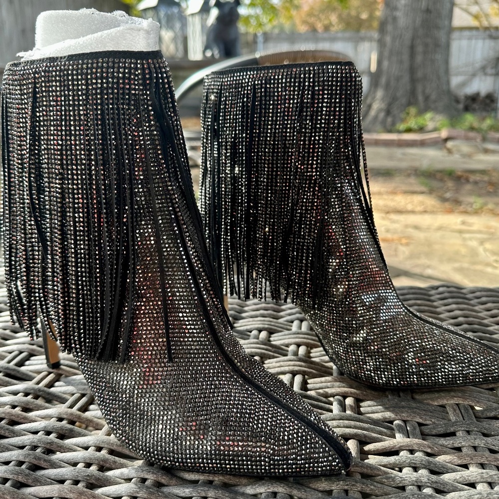 INC International Concepts shiny beaded, fringe stiletto booties
